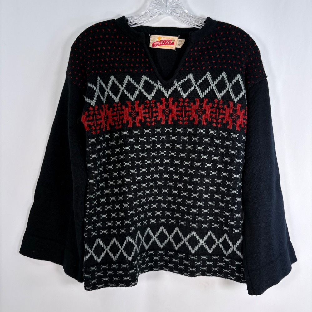 Grand Prix Sweater Black Vintage 60s Fair Isle Geometric Knit Kids L Women S/M